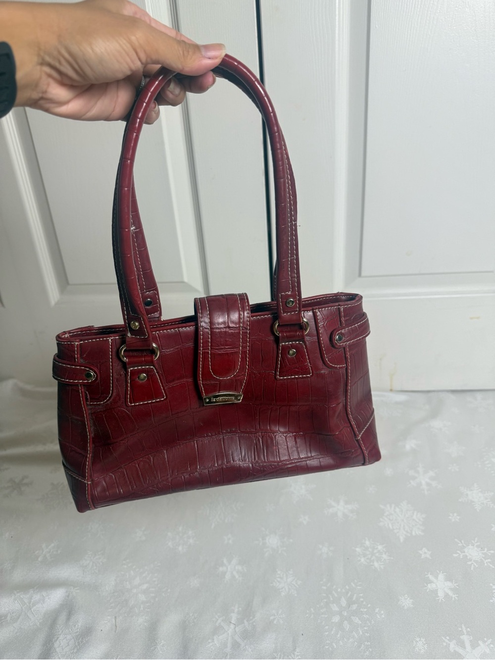 Liz Claiborne Burgundy Croc Embossed Satchel Bag Y2K Dark Cherry Shoulder Purse